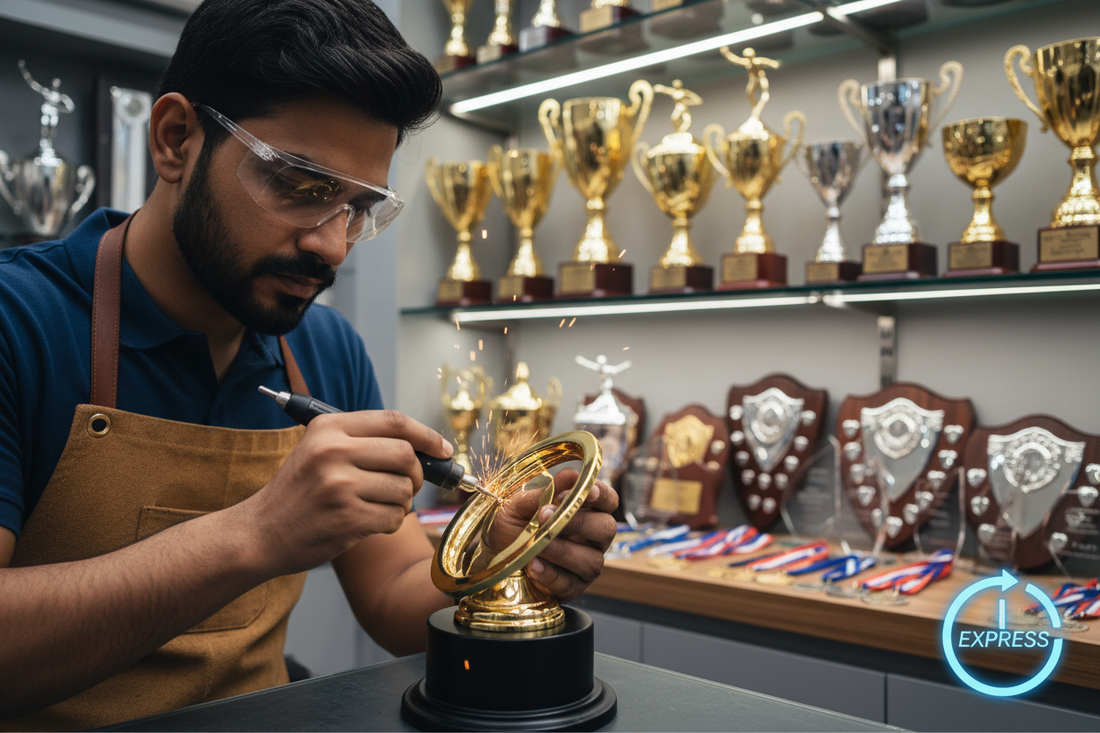 Close-up of a gleaming crystal trophy with custom engraving, showcasing Meru Trophy's commitment to quality and personalized awards for corporate and sports recognition.