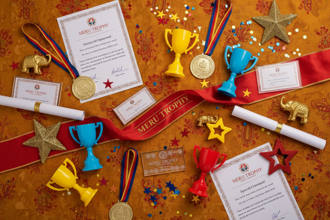 A collection of Diwali gift ideas for employees featuring budget-friendly festive award kits and crystal trophies.