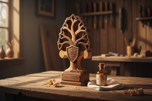 A premium wooden memento trophy crafted by Meru Trophy; showcasing high-quality wood grain and exceptional durability.