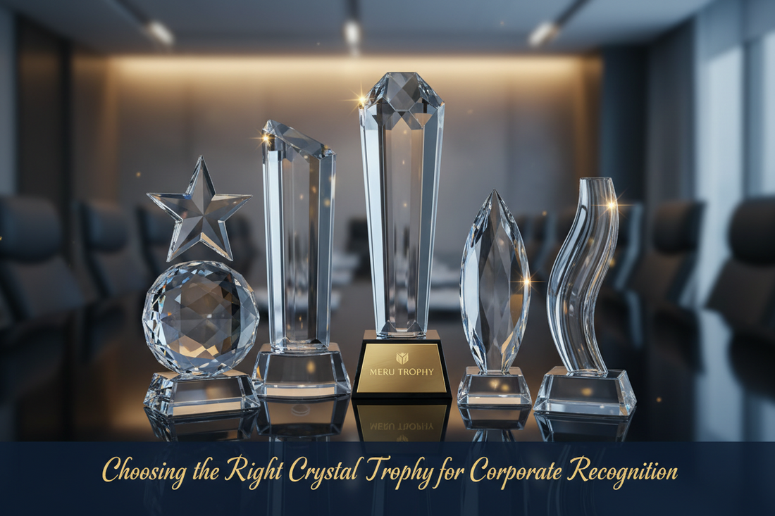 Elegant crystal trophy with engraved details, symbolizing corporate recognition and achievement. A perfect award from Meru Trophy for outstanding performance and dedication.