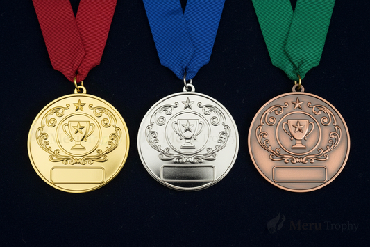 Comparison of high-quality gold, silver, and bronze customized medals for award ceremonies provided by Meru Trophy.