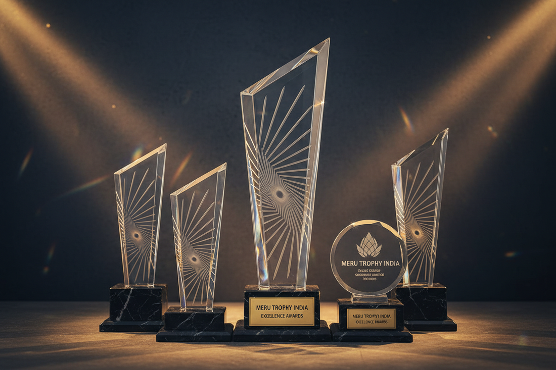 Crystal Trophy for corporate and sports recognition events crafted by Meru Trophy India award manufacturer