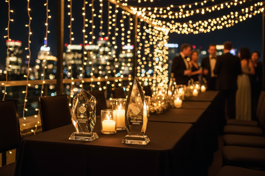 A premium crystal award trophy with custom engraving displayed on a wooden base for high-end corporate recognition.