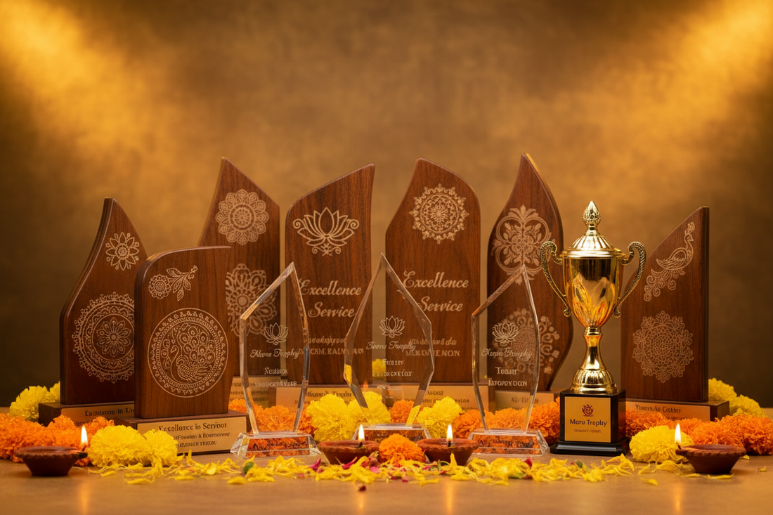 Diwali 2026 corporate gift trophies wooden mementos crystal awards engraved employees India Meru India buy now