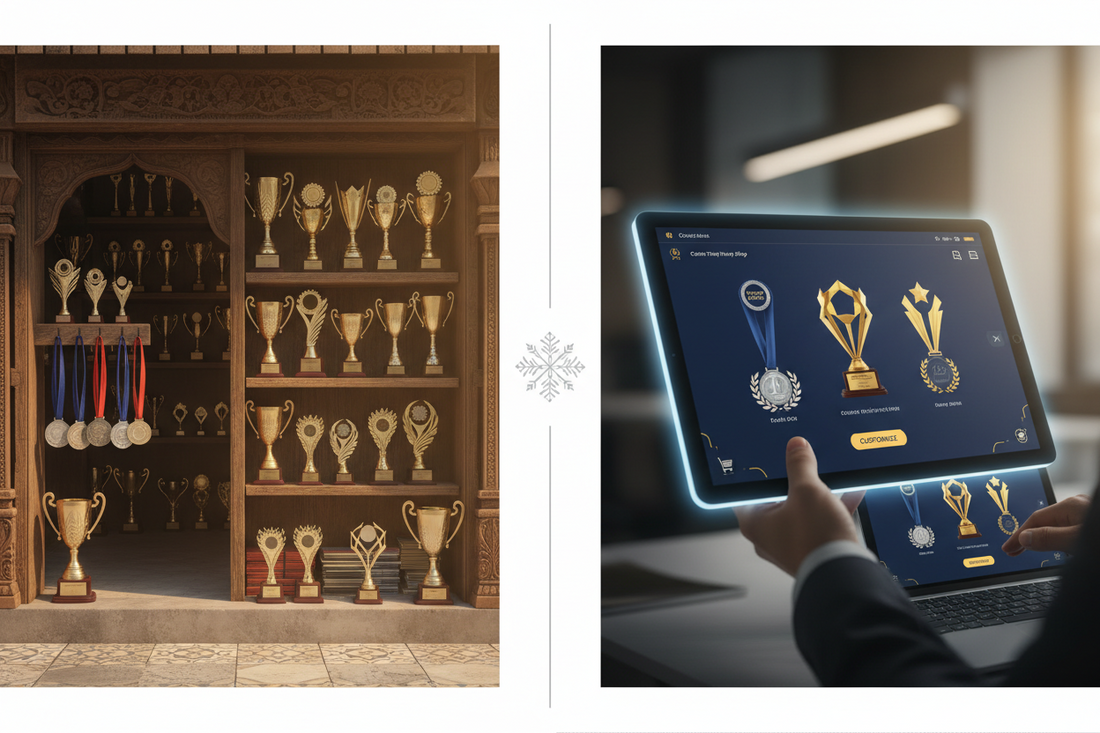 Trophy manufacturers near me versus online trophy shop custom trophies medals comparison India Meru shop India