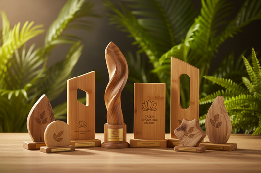Eco friendly trophy ideas sustainable brands wooden mementos bamboo awards India Meru Trophy shop order online