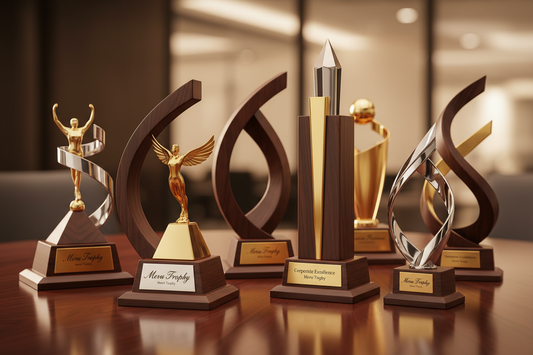 Elegant custom wooden awards combined with polished metal for premium corporate recognition and sports trophy design.