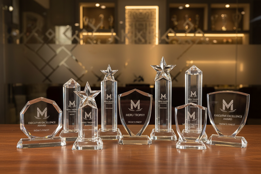 Elegant premium crystal trophies for executive recognition awards by Meru Trophy, the top trophy manufacturer in India.