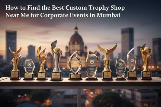 A collection of premium custom corporate trophies and recognition awards from Meru Trophy displayed in Mumbai; India.