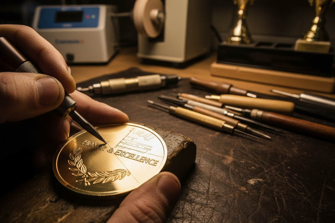 High precision custom engraved medal featuring detailed text and gold finish for premium trophy awards in India.