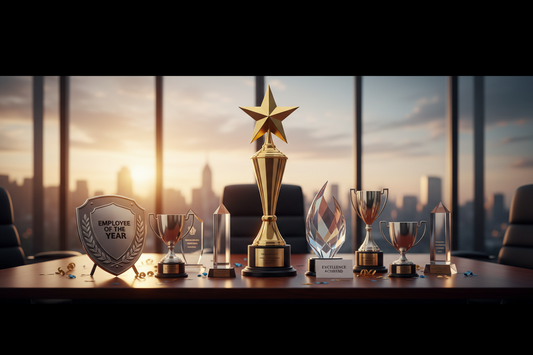 Elegant premium crystal trophy with custom engraving for professional employee recognition and staff motivation.