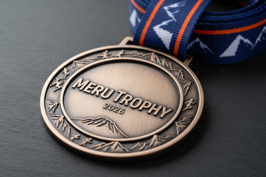 Close-up of a custom marathon medal featuring the event logo and year 2026; showcasing the quality and design of medals offered by Meru Trophy for athletic events.
