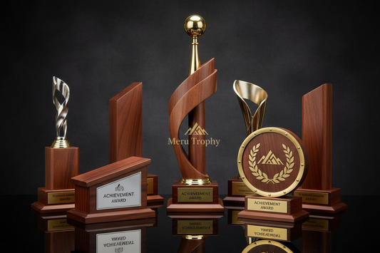 Premium custom wooden mementos and high-quality wooden trophy designs for corporate recognition awards by Meru Trophy.