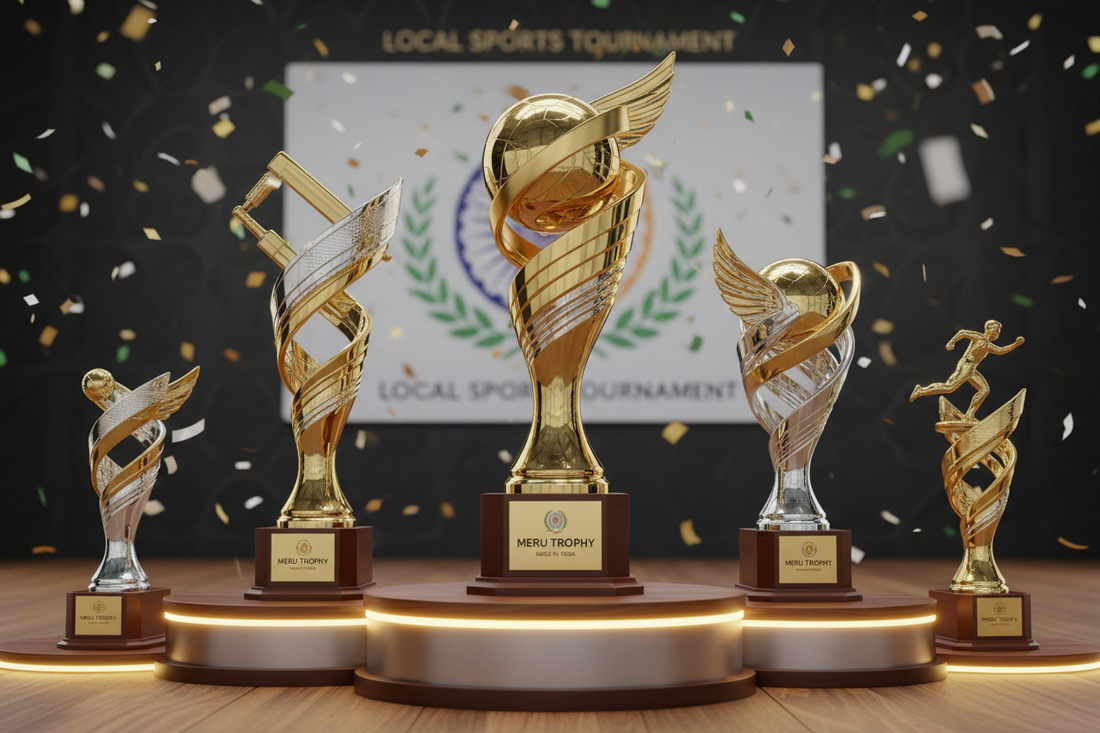 Premium customized fiber trophies for local sports tournaments in India, manufactured by Meru Trophy for long-lasting durability.