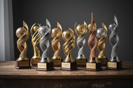 Premium fiber trophies for school award ceremonies displayed on a wooden table, highlighting customized fiber recognition trophy designs.
