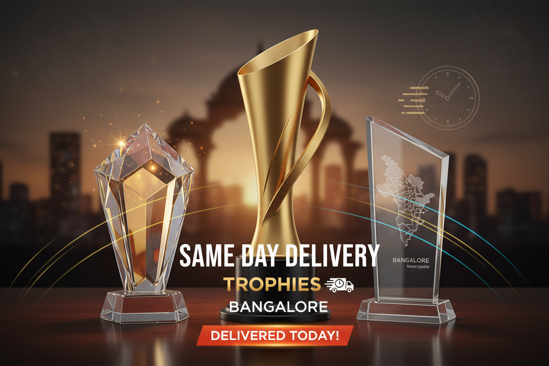 Same day trophy delivery Bangalore urgent custom crystal metal acrylic trophy order Meru India India buy now online