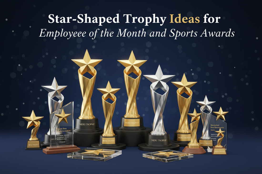 Elegant star-shaped crystal trophy awarded to an employee of the month, showcasing Meru Trophy's commitment to quality recognition awards and personalized trophies.