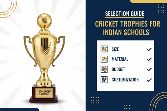 A collection of premium cricket trophies and cups for school sports award ceremonies in India, featuring high-quality design.
