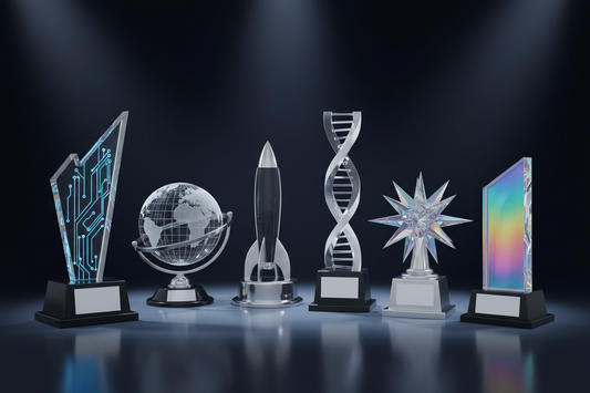 Top 6 unique acrylic trophy designs for tech company awards by Meru Trophy showing premium acrylic recognition awards.