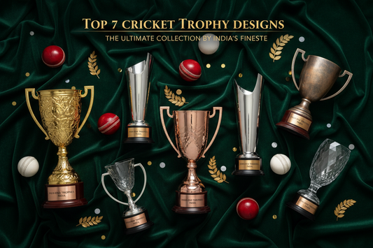 A premium gold and silver cricket cup trophy design for T20 tournaments by Meru Trophy manufacturer India