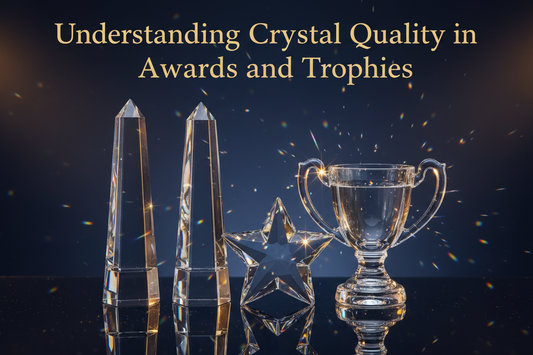 Close-up of a sparkling crystal trophy showcasing exceptional clarity and faceting, highlighting the quality of crystal awards and trophies offered by Meru Trophy.