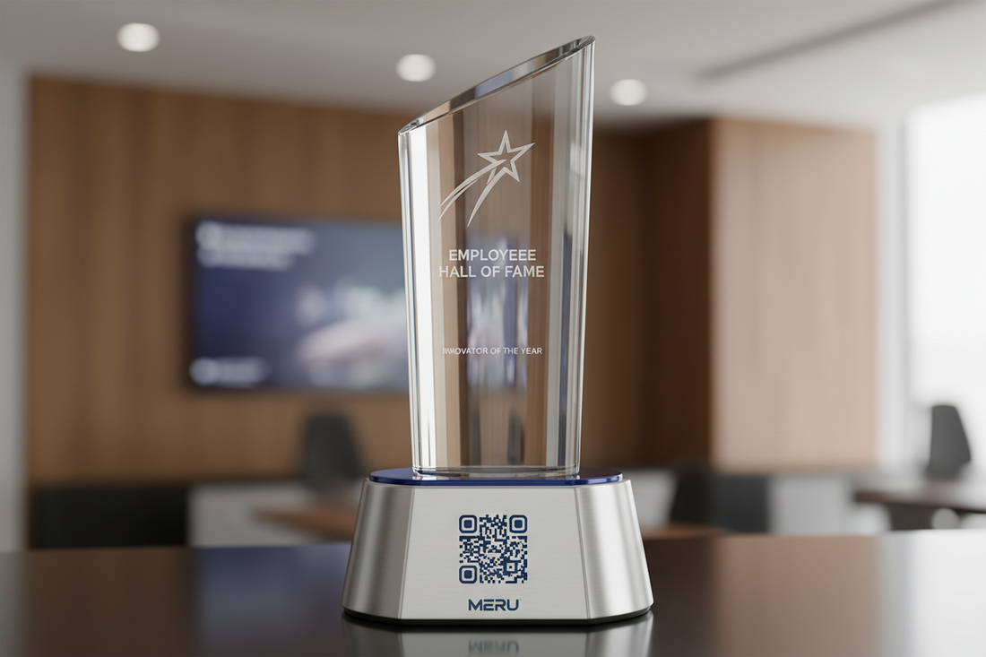 Close-up of a custom trophy with a QR code; symbolizing modern employee recognition and linking to an Employee Hall of Fame profile; showcasing Meru Trophy's innovative awards.