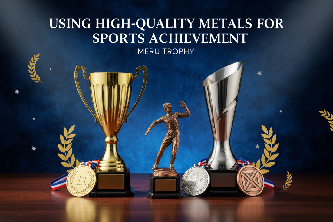 A collection of premium custom medals and gold medal of achievement trophies for sports recognition by Meru Trophy.