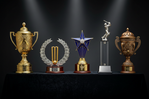 Premium cricket trophies and gold plated awards for professional leagues in India by Meru Trophy manufacturer.