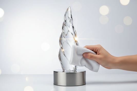A high-quality premium crystal trophy reflecting light; essential for glass trophy maintenance and clarity.