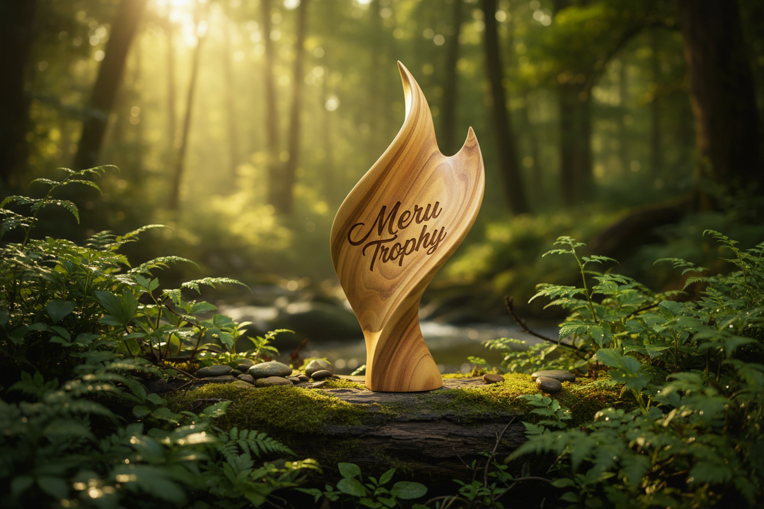 A high-quality custom wooden trophy and wooden mementos for eco-friendly recognition awards from Meru Trophy.