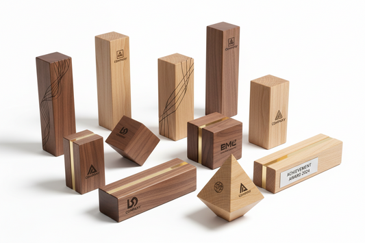 Wooden mementos startups modern minimalist design natural wood engraved awards India Meru Trophy India buy now