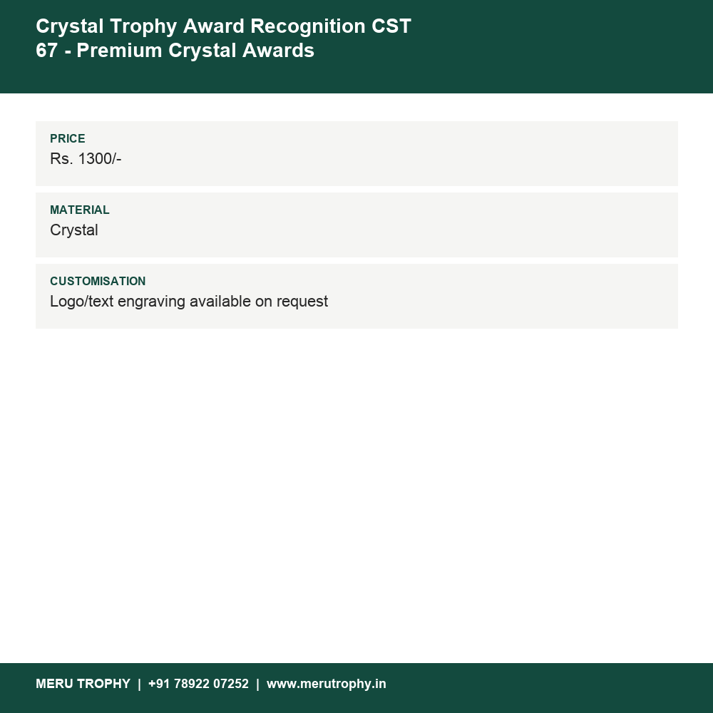 Crystal Trophy Award Recognition CST 67 - Premium Crystal Awards details - Meru Trophy