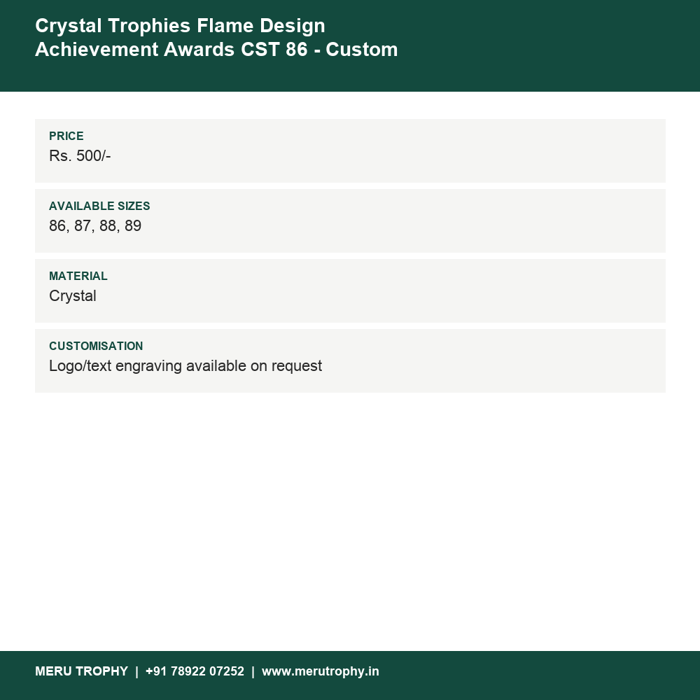 Crystal Trophies Flame Design Achievement Awards CST 86 - Custom Awards details - Meru Trophy
