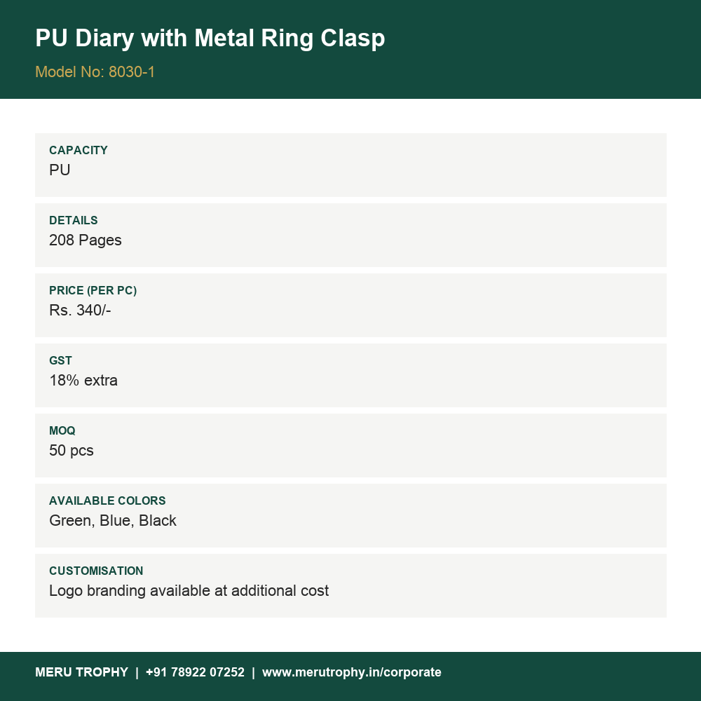 PU Diary with Metal Ring Clasp - spec card - Meru Trophy corporate gifting