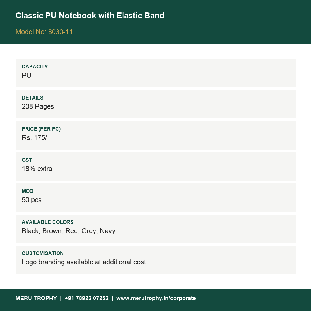 Classic PU Notebook with Elastic Band - spec card - Meru Trophy corporate gifting