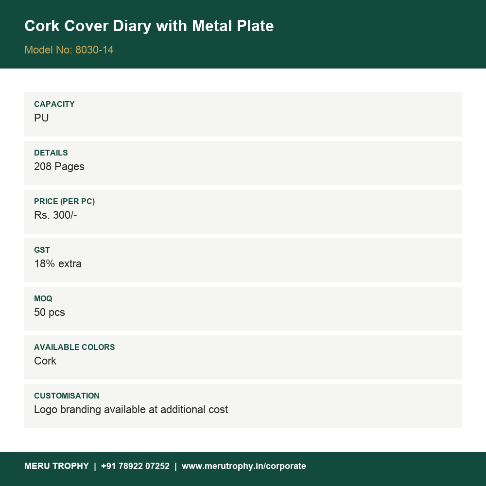 Cork Cover Diary with Metal Plate - details card - Meru Trophy corporate gifting