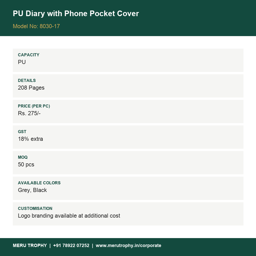 PU Diary with Phone Pocket Cover - details card - Meru Trophy corporate gifting