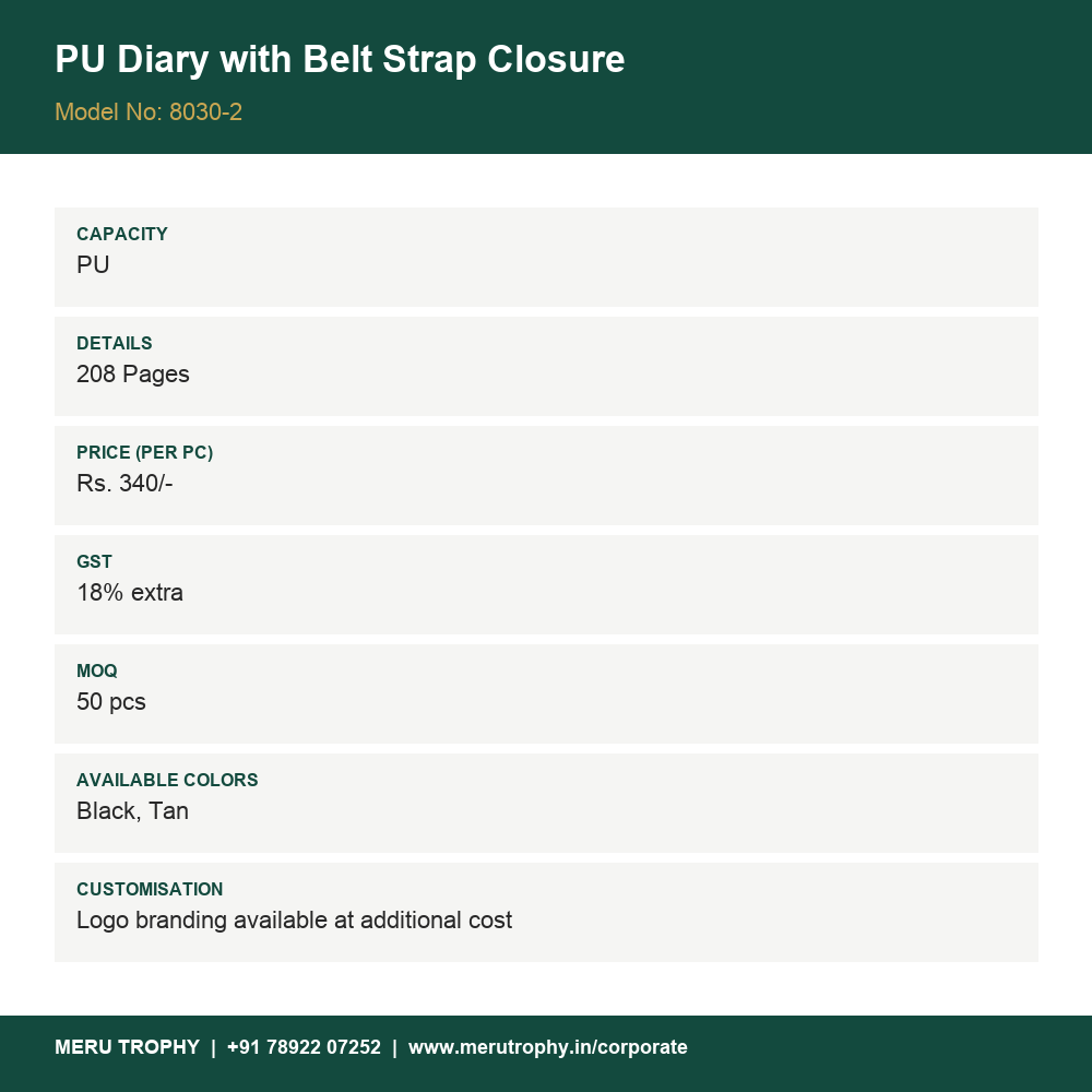 PU Diary with Belt Strap Closure - spec card - Meru Trophy corporate gifting