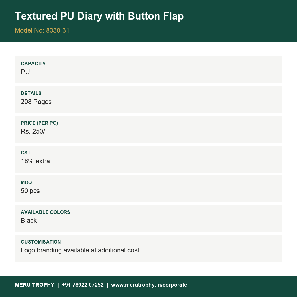 Textured PU Diary with Button Flap - spec card - Meru Trophy corporate gifting