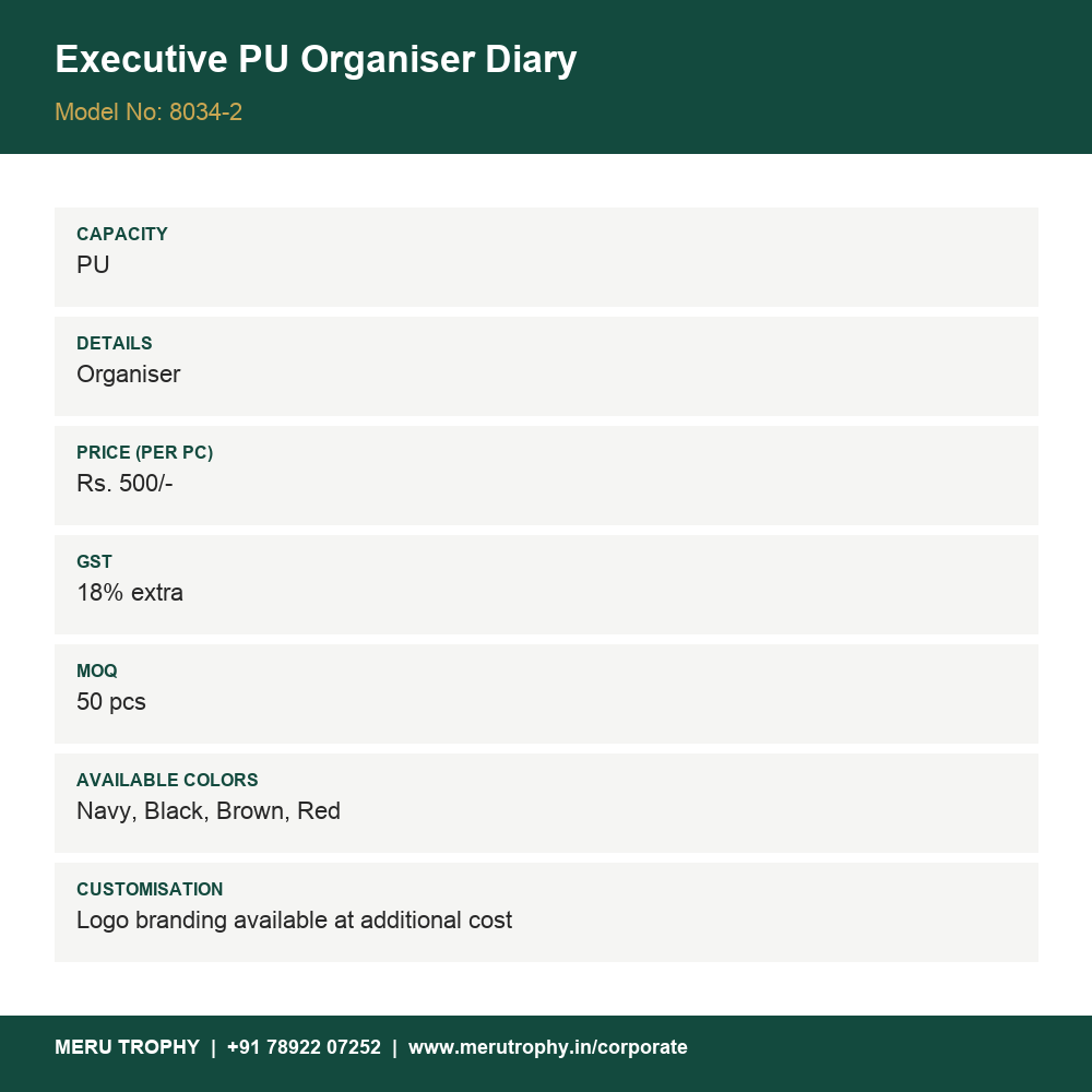 Executive PU Organiser Diary - details - Meru Trophy corporate gifting