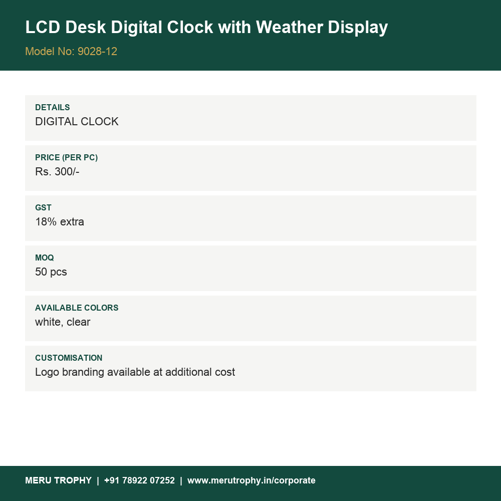 LCD Desk Digital Clock with Weather Display - detail card - Meru Trophy corporate gifting