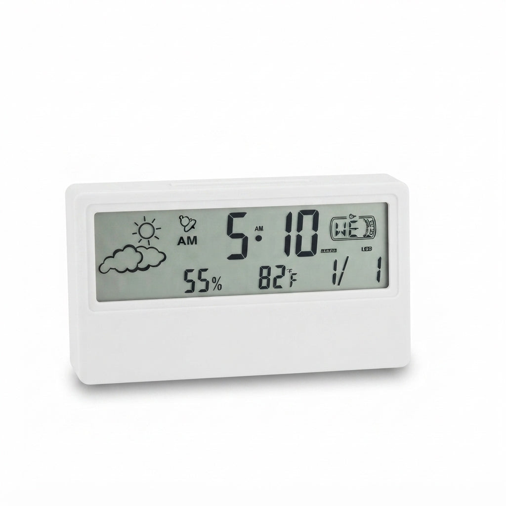 LCD Desk Digital Clock with Weather Display - White - Meru Trophy corporate gifting