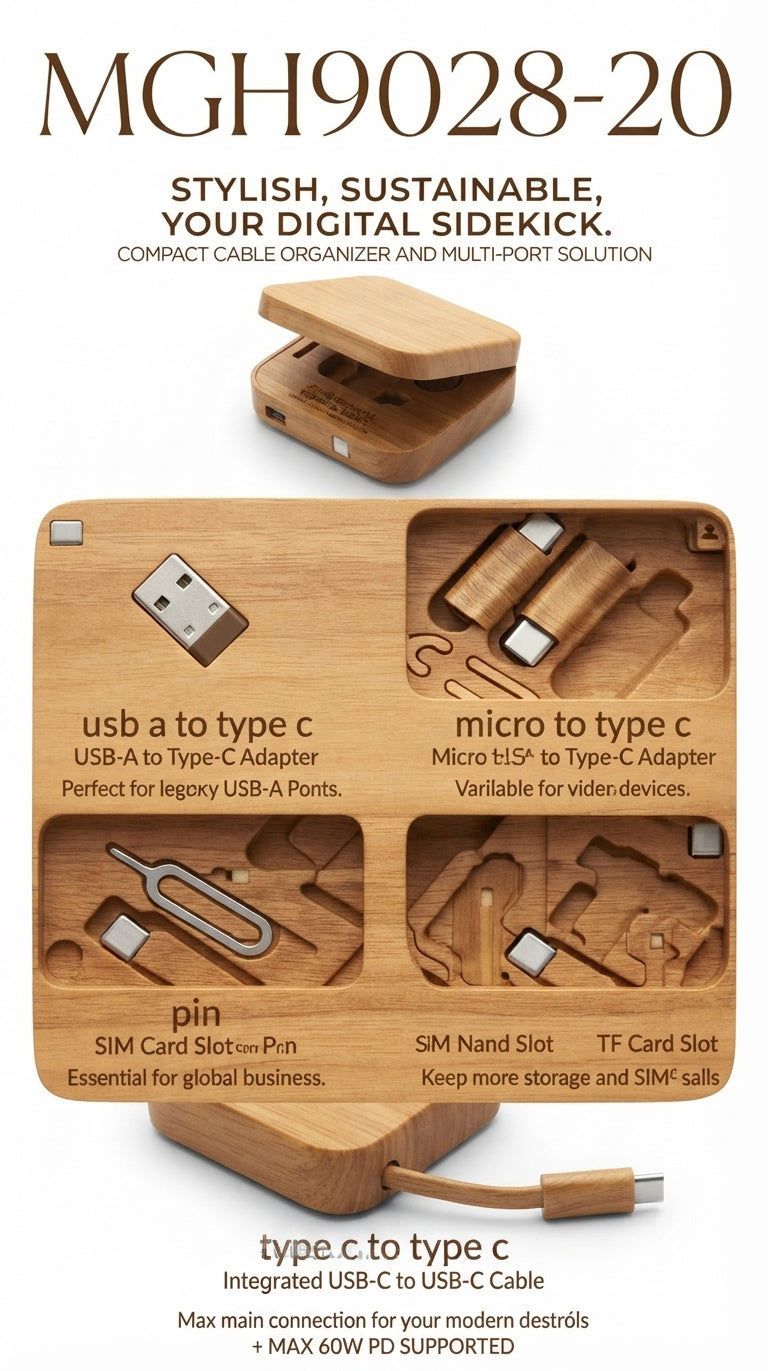 Wooden Cable Organiser and Multi-Port Kit - Wood - Meru Trophy corporate gifting