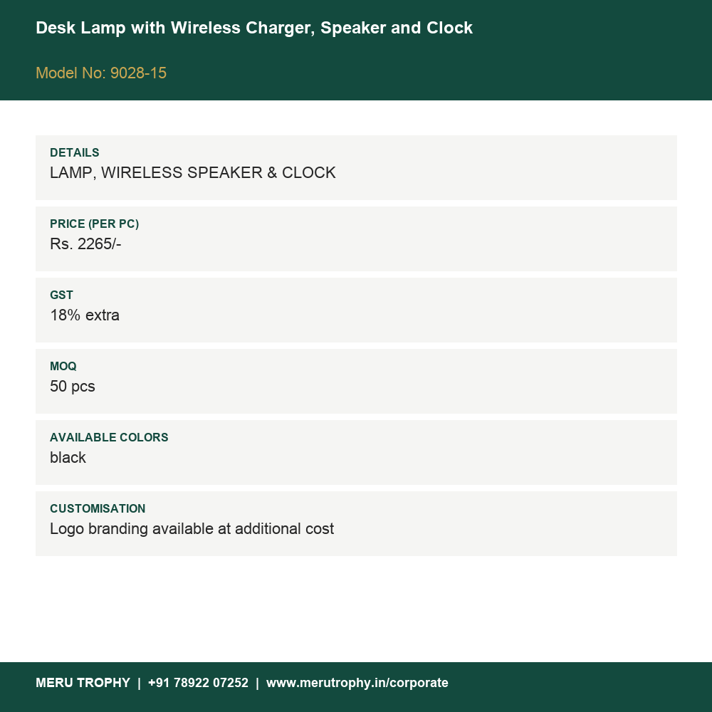 Desk Lamp with Wireless Charger, Speaker and Clock - product detail card - Meru Trophy corporate gifting