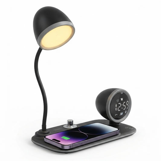 Desk Lamp with Wireless Charger, Speaker and Clock - Black - Meru Trophy corporate gifting