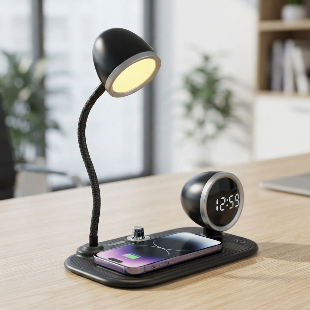 Desk Lamp with Wireless Charger, Speaker and Clock - lifestyle desk shot - Meru Trophy corporate gifting