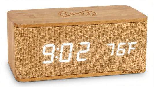 Bamboo Digital Clock with Wireless Charging and Fabric Face - Bamboo - Meru Trophy corporate gifting