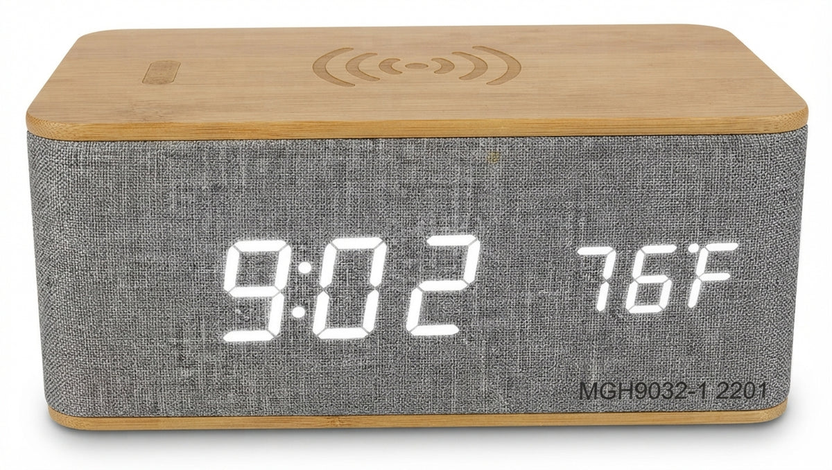Bamboo Digital Clock with Wireless Charging and Fabric Face - Grey - Meru Trophy corporate gifting