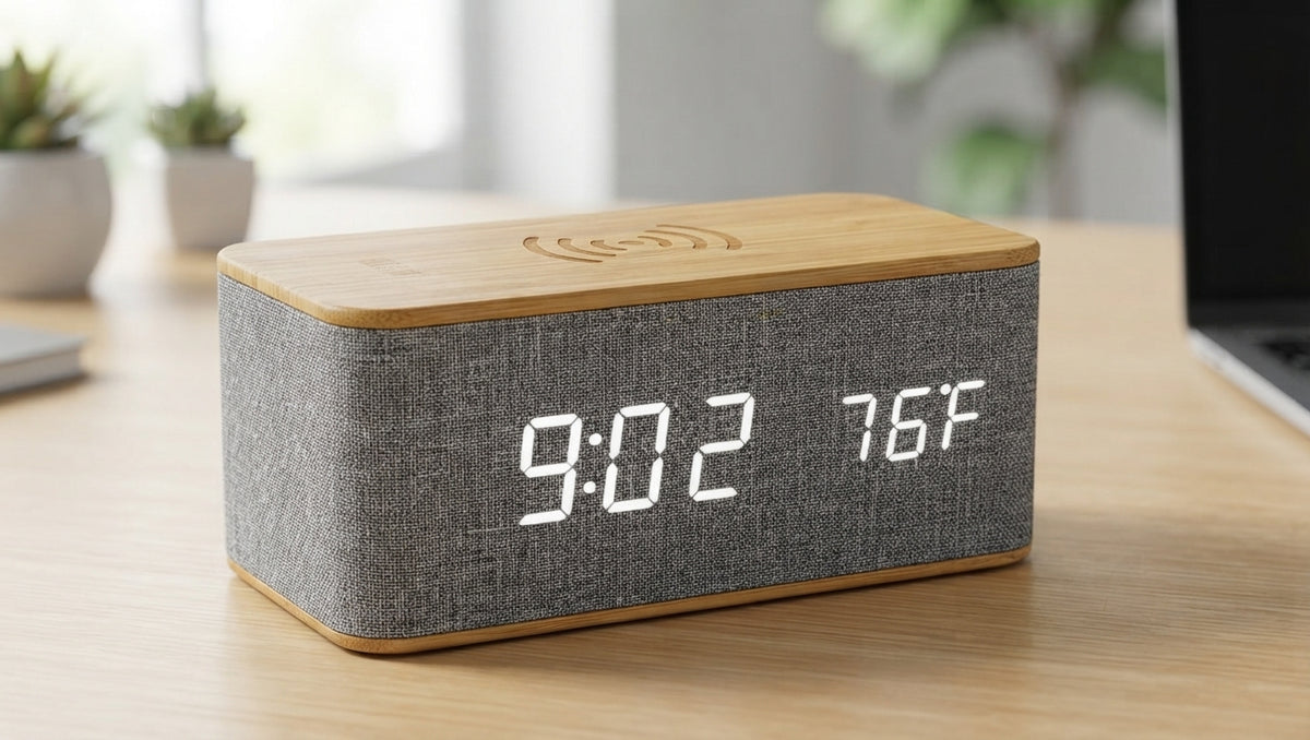 Bamboo Digital Clock with Wireless Charging and Fabric Face - lifestyle - Meru Trophy corporate gifting