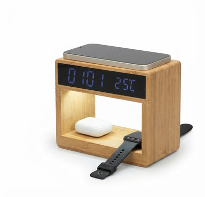 5-in-1 Bamboo Wireless Charger with Clock and Night Light - Bamboo - Meru Trophy corporate gifting